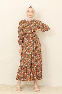 Modalamelif Çiçek Desen Elbise Oranj