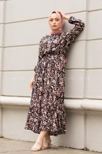 Modalamelif Çiçek Desen Elbise Siyah Pudra