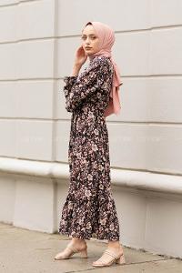 Modalamelif Çiçek Desen Elbise Siyah Pudra