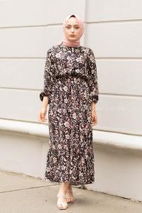 Modalamelif Çiçek Desen Elbise Siyah Pudra