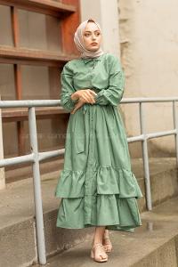 Modalamelif Eteği Fırfırlı Elbise Çağla Yeşili