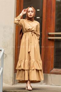 Modalamelif Eteği Fırfırlı Elbise Sütlü Kahve