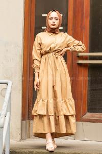 Modalamelif Eteği Fırfırlı Elbise Sütlü Kahve