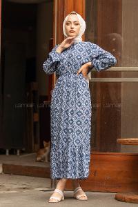 Modalamelif Etnik Desen Elbise İndigo Ekru