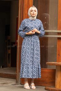 Modalamelif Etnik Desen Elbise İndigo Ekru