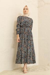 Modalamelif Mini Yaprak Desenli Elbise Siyah Turkuaz