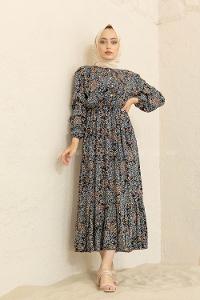 Modalamelif Mini Yaprak Desenli Elbise Siyah Turkuaz