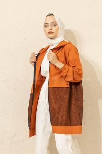 Modalamelif Önü File Detaylı Fermuarlı Hırka Kiremit