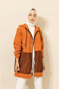 Modalamelif Önü File Detaylı Fermuarlı Hırka Kiremit