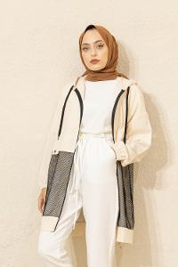 Modalamelif Önü File Detaylı Fermuarlı Hırka Krem