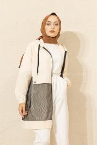 Modalamelif Önü File Detaylı Fermuarlı Hırka Krem