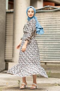 Modalamelif Papatya Desenli  Elbise Ekru Turkuaz