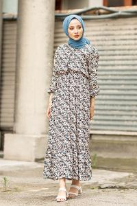 Modalamelif Papatya Desenli  Elbise Ekru Turkuaz