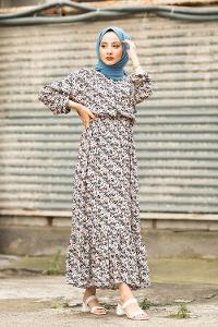 Modalamelif Papatya Desenli  Elbise Ekru Turkuaz