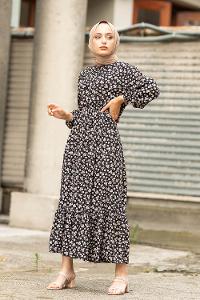 Modalamelif Papatya Desenli  Elbise Siyah Gül