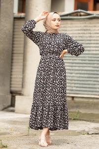 Modalamelif Papatya Desenli  Elbise Siyah Gül