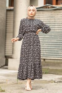 Modalamelif Papatya Desenli  Elbise Siyah Gül