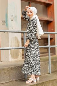 Modalamelif Papatya Desenli  Elbise Siyah Hardal