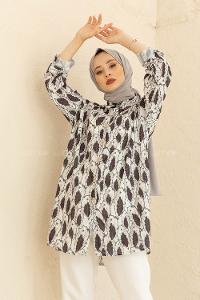 Modalamelif Yaprak Desenli Gömlek Siyah Beyaz