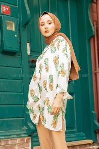 Modalamelif Ananas Baskılı Gömlek Açık Yeşil