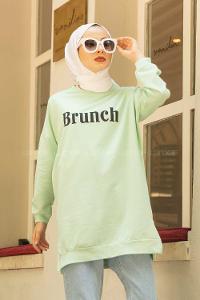 Modalamelif Brunch Yazı Baskılı Sweatshirt Çağla Yeşili