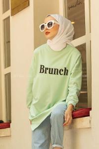 Modalamelif Brunch Yazı Baskılı Sweatshirt Çağla Yeşili