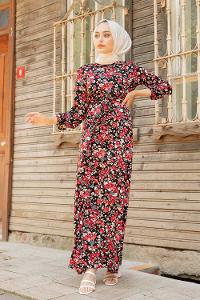 Modalamelif Gül Desen Kuşaklı Elbise Siyah Kırmızı