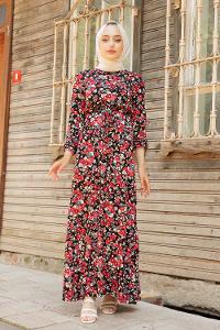 Modalamelif Gül Desen Kuşaklı Elbise Siyah Kırmızı