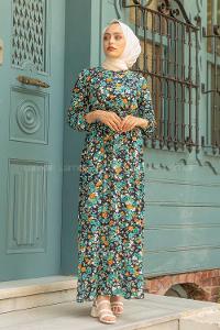 Modalamelif Gül Desen Kuşaklı Elbise Su Yeşili