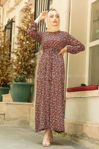 Modalamelif Mini Papatya Desenli Kuşaklı Elbise Kırmızı