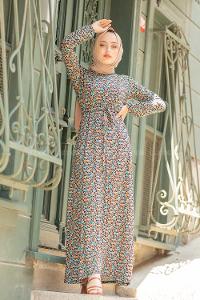 Modalamelif Mini Papatya Desenli Kuşaklı Elbise Su Yeşili