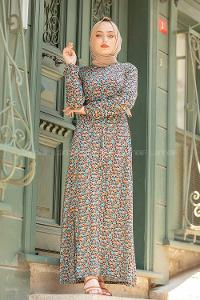 Modalamelif Mini Papatya Desenli Kuşaklı Elbise Su Yeşili