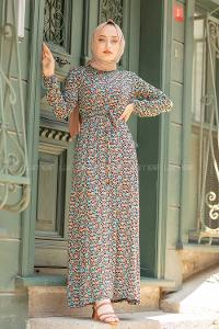 Modalamelif Mini Papatya Desenli Kuşaklı Elbise Su Yeşili