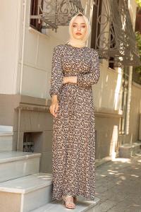 Modalamelif Mini Papatya Desenli Kuşaklı Elbise Vizonrengi