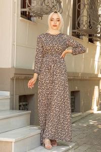 Modalamelif Mini Papatya Desenli Kuşaklı Elbise Vizonrengi