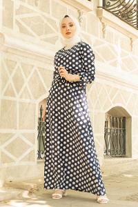 Modalamelif Puantiye Desen Kuşaklı Elbise Lacivert Beyaz