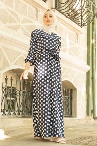 Modalamelif Puantiye Desen Kuşaklı Elbise Lacivert Beyaz