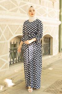 Modalamelif Puantiye Desen Kuşaklı Elbise Lacivert Beyaz