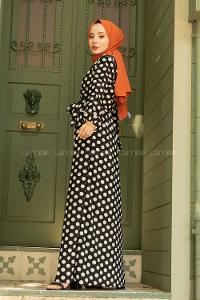 Modalamelif Puantiye Desen Kuşaklı Elbise Siyah Beyaz