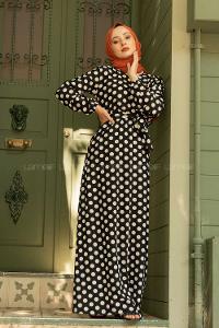 Modalamelif Puantiye Desen Kuşaklı Elbise Siyah Beyaz