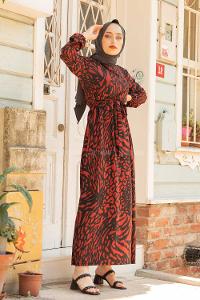 Modalamelif Soyut Desen Kuşaklı Elbise Acı Kahve