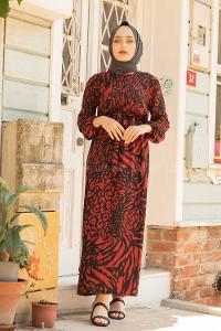 Modalamelif Soyut Desen Kuşaklı Elbise Acı Kahve