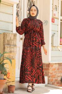 Modalamelif Soyut Desen Kuşaklı Elbise Acı Kahve