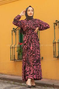 Modalamelif Soyut Desen Kuşaklı Elbise Pembe