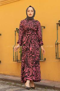 Modalamelif Soyut Desen Kuşaklı Elbise Pembe