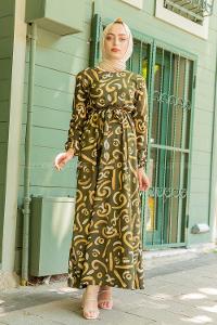 Modalamelif Soyut Desenli Kuşaklı Elbise Haki