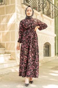 Modalamelif Soyut Desenli Kuşaklı Elbise Mor