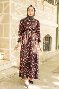 Modalamelif Soyut Desenli Kuşaklı Elbise Mor