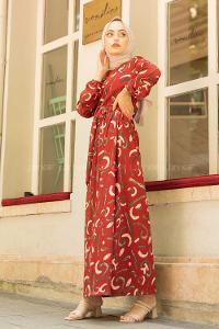 Modalamelif Soyut Desenli Kuşaklı Elbise Taba