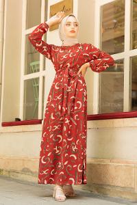 Modalamelif Soyut Desenli Kuşaklı Elbise Taba